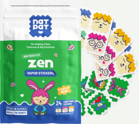 A NATPAT Zen Vapor Stickers pouch beside fanned sheets of colourful character stickers.