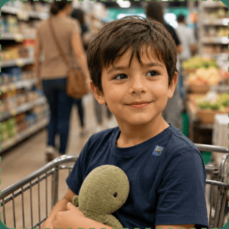 A smiling young boy with dark hair sits in a supermarket shopping cart hugging a green plush turtle, a blue ZenPatch sticker on the chest of his navy t-shirt, with blurred grocery aisles behind him.
