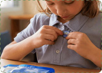 A girl in a grey school polo shirt looks down as she presses a small blue ZenPatch sticker onto her own collar, the open pack resting on the table in front of her.
