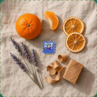 Flat-lay on beige linen of a whole mandarin, a peeled mandarin segment, two dried orange slices, lavender sprigs, cedarwood shavings with a wooden block, and a blue NATPAT ZenPatch sticker in the middle.