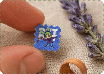 Macro shot of fingers holding a small blue ZenPatch sticker printed with a cartoon character above woven linen, with dried lavender sprigs and a curl of cedarwood shaving beside it.