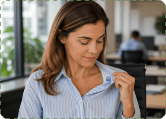 A woman in a light blue striped shirt stands in an open-plan office, looking down with a small smile as she touches a blue ZenPatch sticker on her collar.