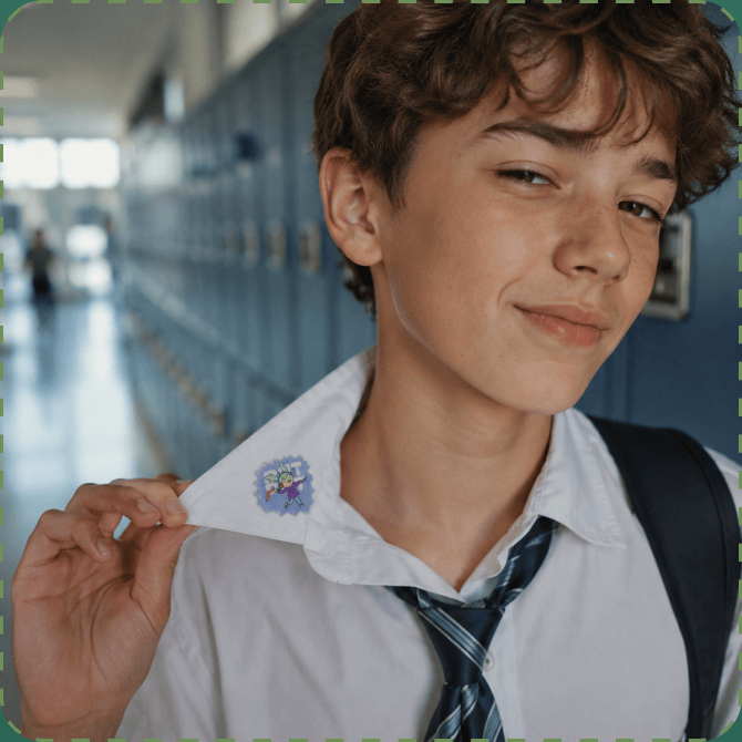 Teen boy in a white school shirt and navy tie standing in a locker-lined hallway, smiling as he flips his collar open to show a small cartoon ZenPatch sticker hidden on the inside
