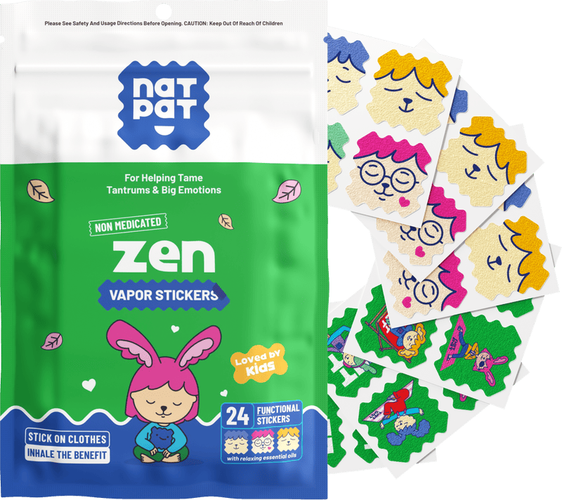 NATPAT Zen Vapor Stickers pouch with fanned sheets of colorful smiling-face sticker designs beside it