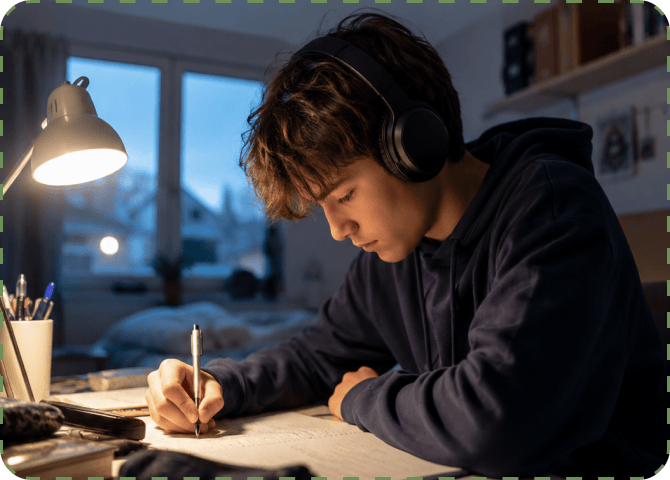 Teenager in a navy hoodie and black over-ear headphones writing with a pen at a desk lit by a lamp, with a dusk-lit bedroom window behind him