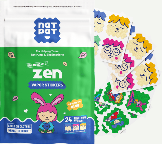 A green NATPAT zen Vapor Stickers resealable pouch marked 24 functional stickers, with a fan of the printed sticker patches — sleepy cartoon faces and yoga characters — spread out beside it.