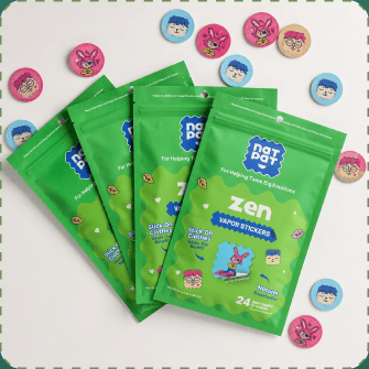 Four green NATPAT zen Vapor Stickers pouches fanned out like a hand of cards on white, ringed by loose round stickers printed with cartoon bunny, sheep and llama faces.