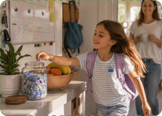 A smiling girl in a striped tee with a lilac backpack reaches into a big glass jar of ZenPatch stickers on a kitchen counter, a family calendar whiteboard and fruit bowl behind her and a parent with a mug in the doorway.